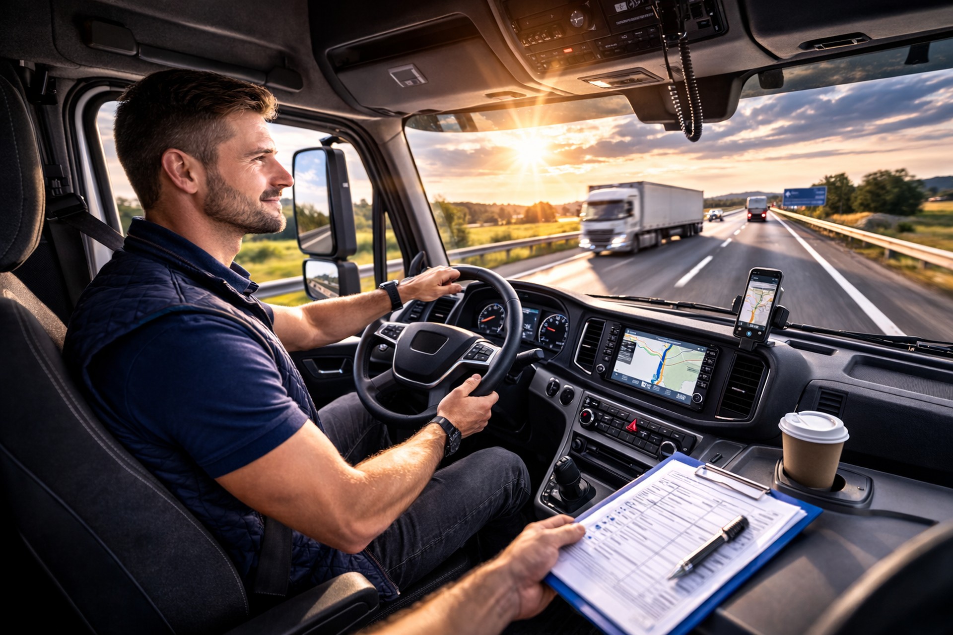 LKW-Fahrer im Cockpit während Fahrt